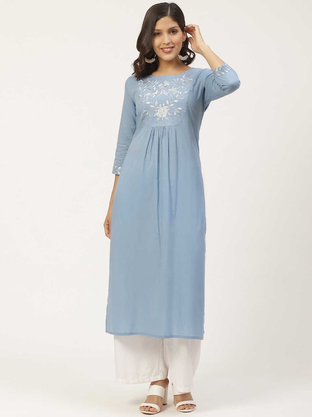 

Varanga Women Blue & Silver Zari Yoke Design Straight Kurta