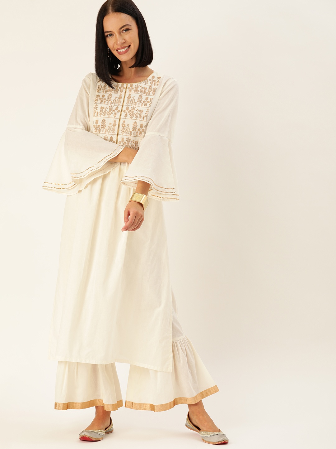

Varanga Women Off-White Embroidered Bell Sleeve Kurta with Palazzos