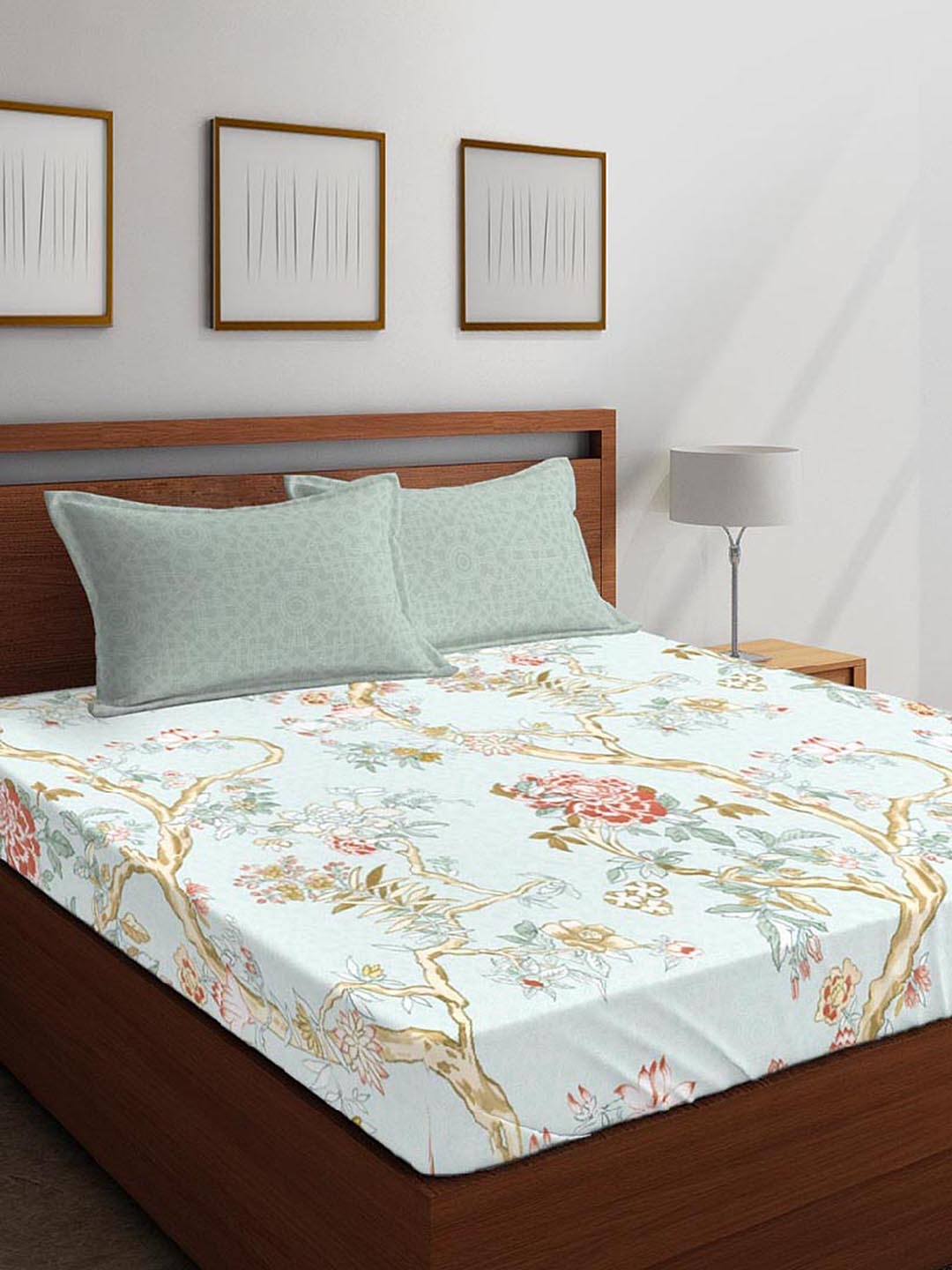 

Boutique Living India Mint Green Floral 350 TC Cotton 1 King Bedsheet with 2 Pillow Covers