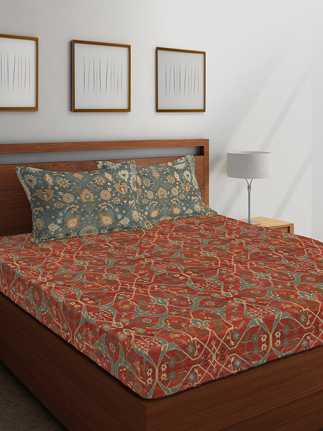 

Boutique Living India Rust Red Ethnic Motifs 300 TC Cotton King Bedsheet & 2 Pillow Covers