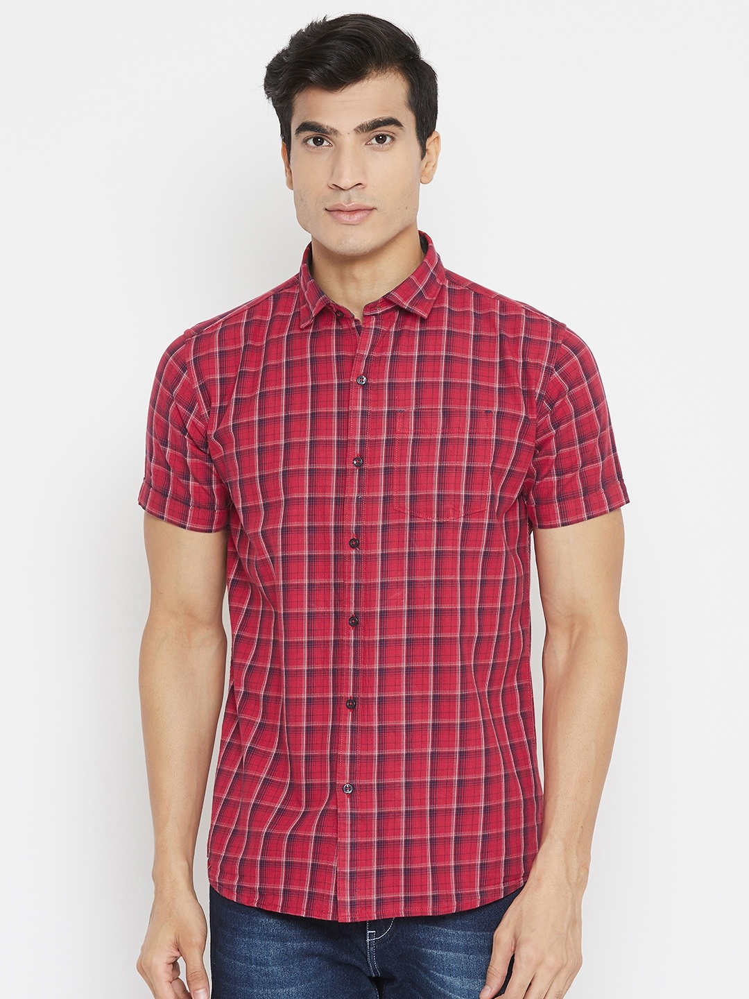 

METTLE Men Red & Navy Blue Regular Fit Tartan Check Casual Shirt