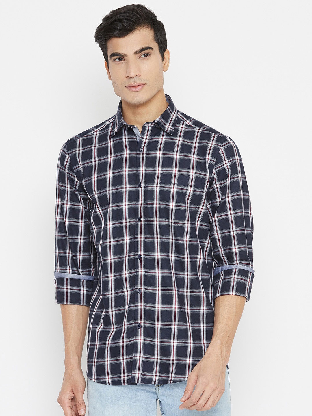 

METTLE Men Navy Blue & White Regular Fit Tartan Check Casual Shirt