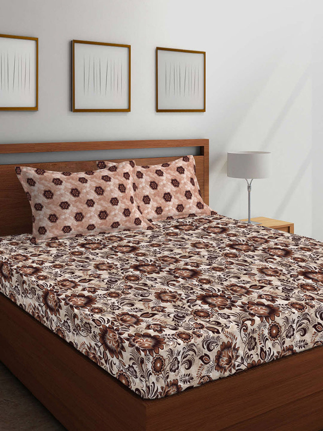 

Boutique Living India Beige & Brown Floral 210 TC Cotton 1 King Bedsheet with 2 Pillow Covers