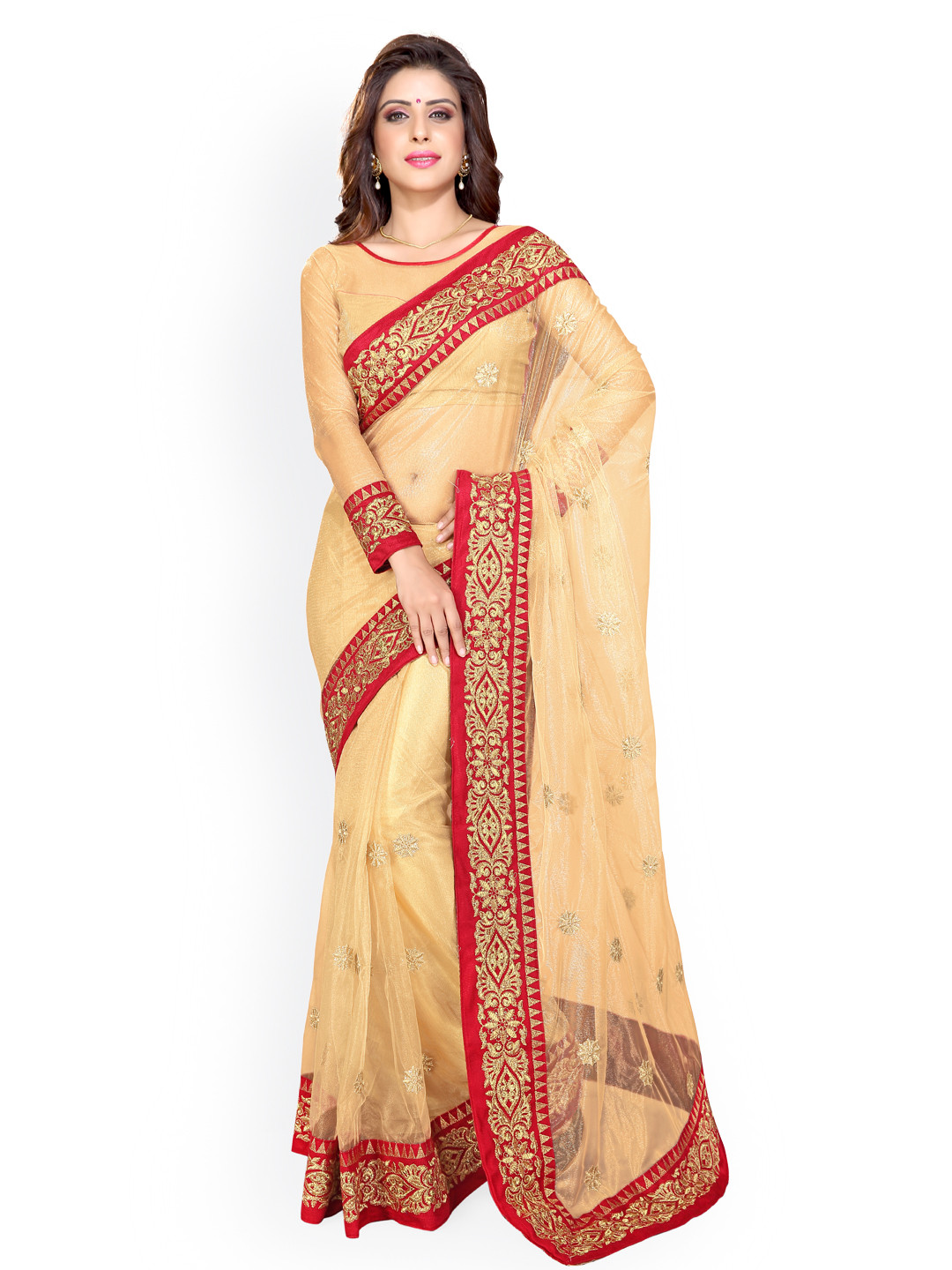 

Mirchi Fashion Beige Embroidered Net Saree