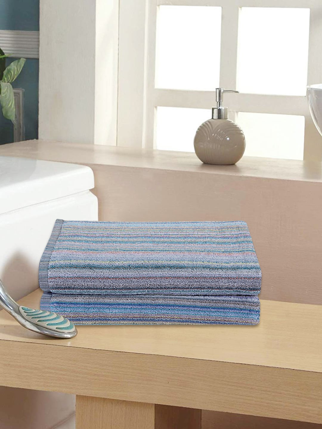 

ROMEE Set Of 2 Blue & Pink Striped 400 GSM Large Bath Towels