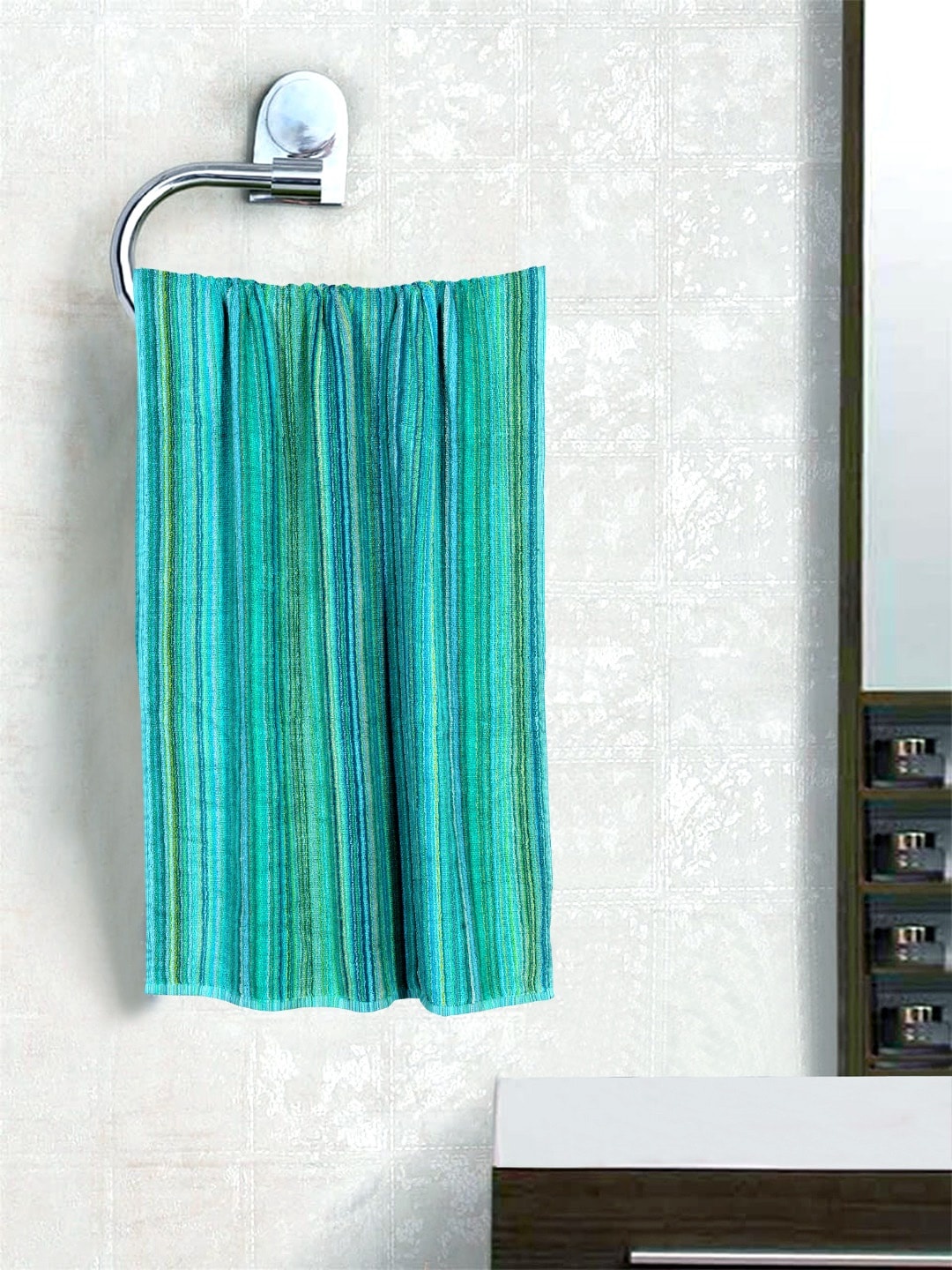 

ROMEE Sea Green & Blue Striped 400 GSM Large Cotton Bath Towel