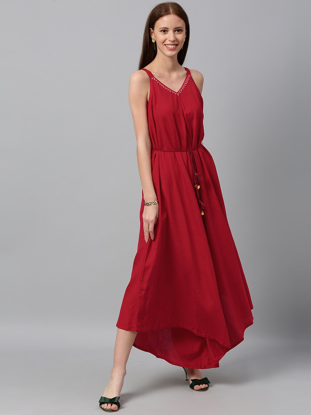 

Global Desi Women Maroon Solid Basic Asymmetric Jumpsuit