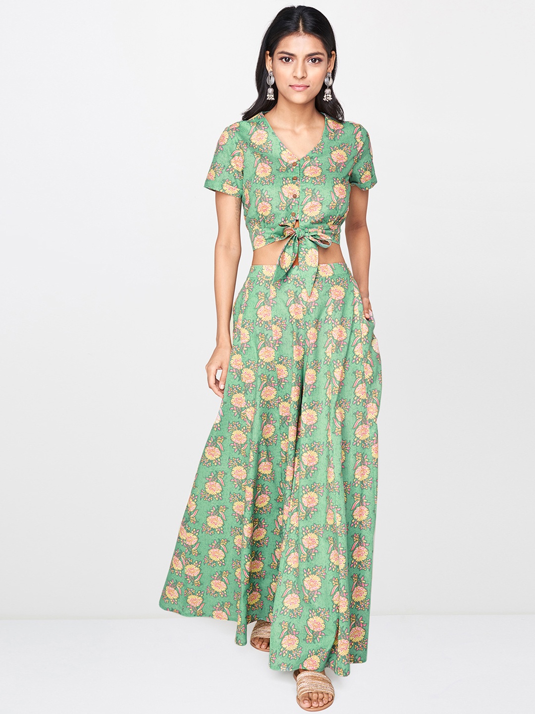 

Global Desi Women Green & Pink Printed Top with Palazzos