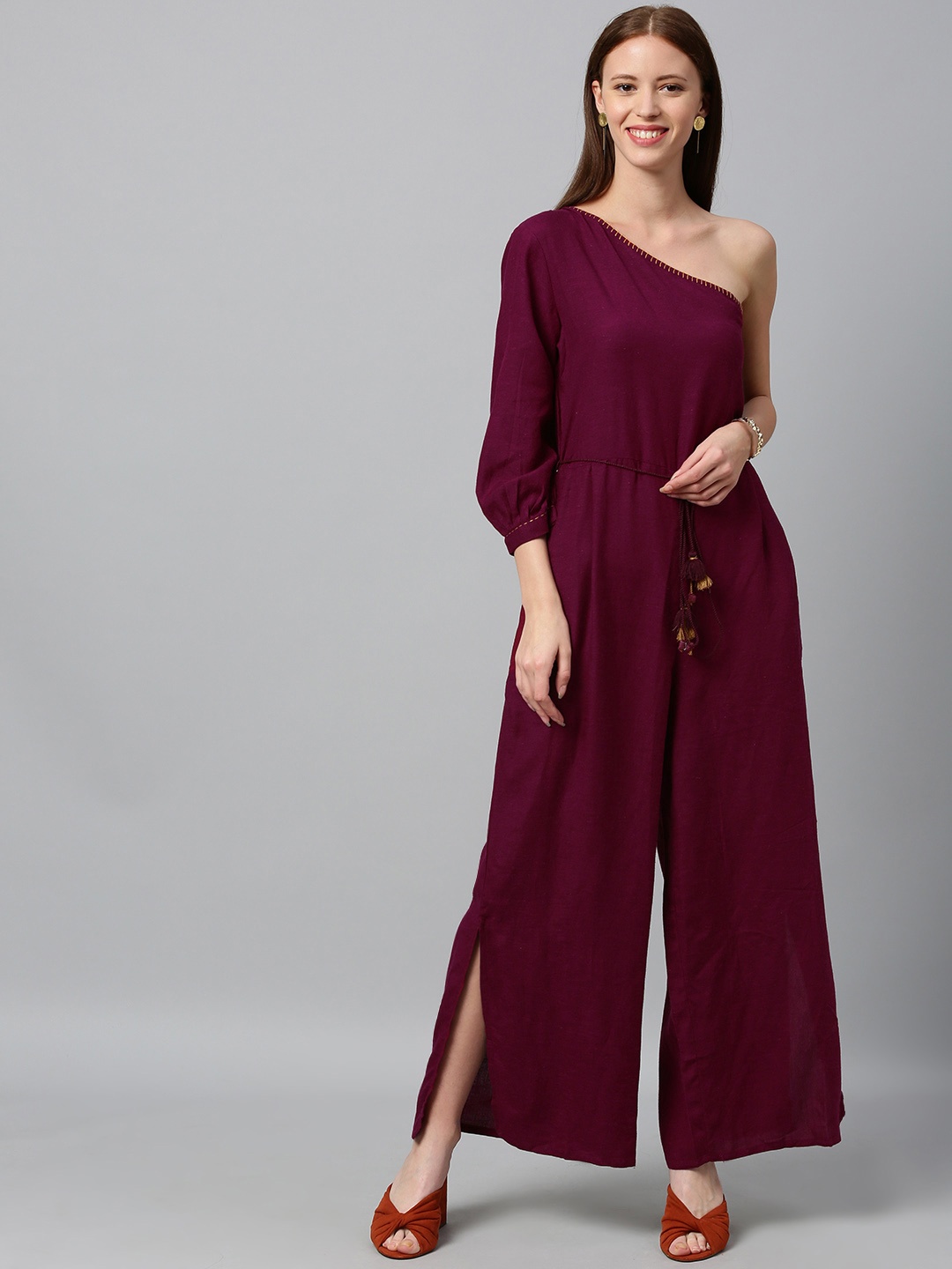

Global Desi Women Burgundy Solid One-Shoulder Basic Jumpsuit