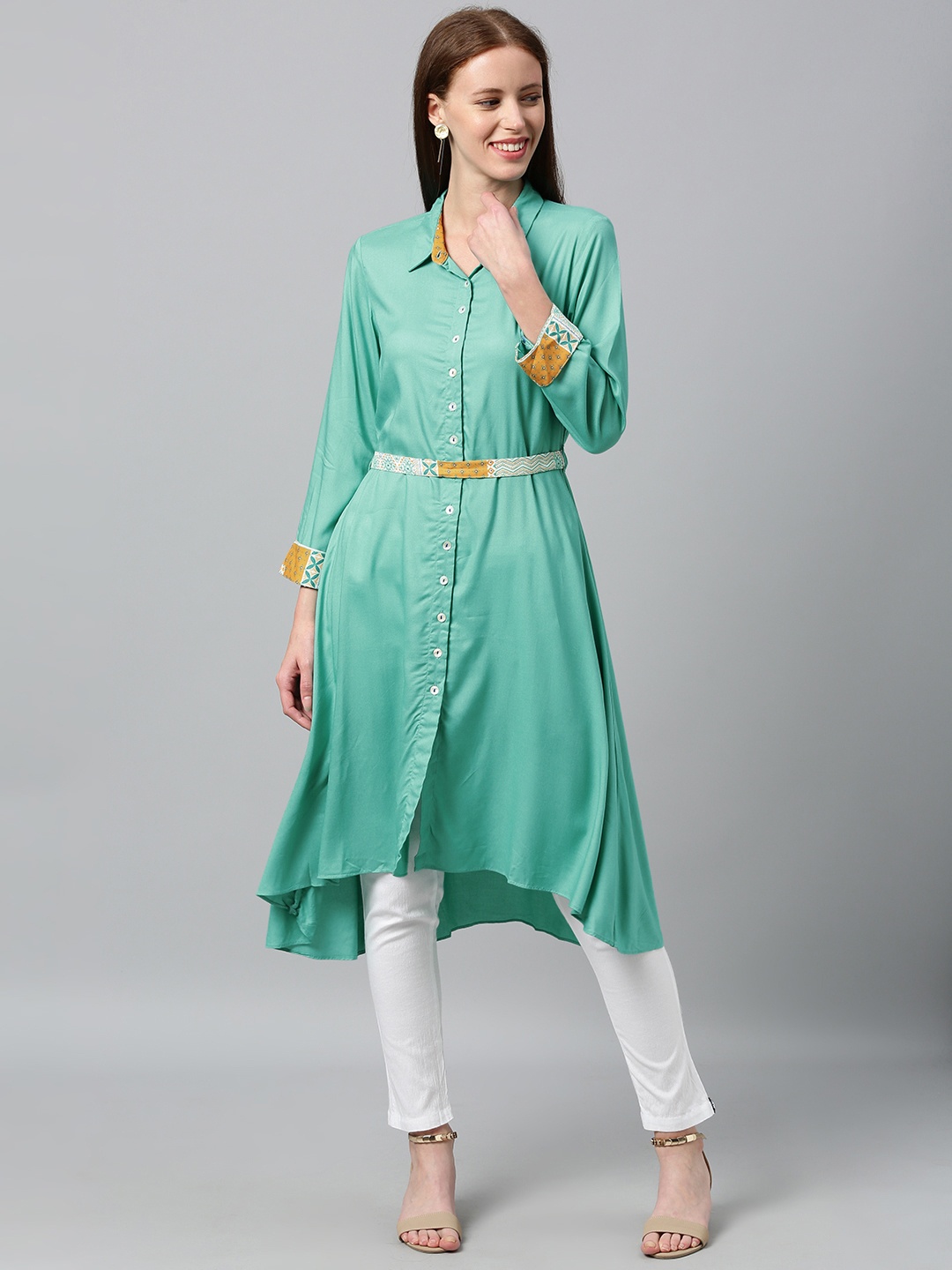 

Global Desi Women Green Solid A-Line Kurta with Fabric Belt