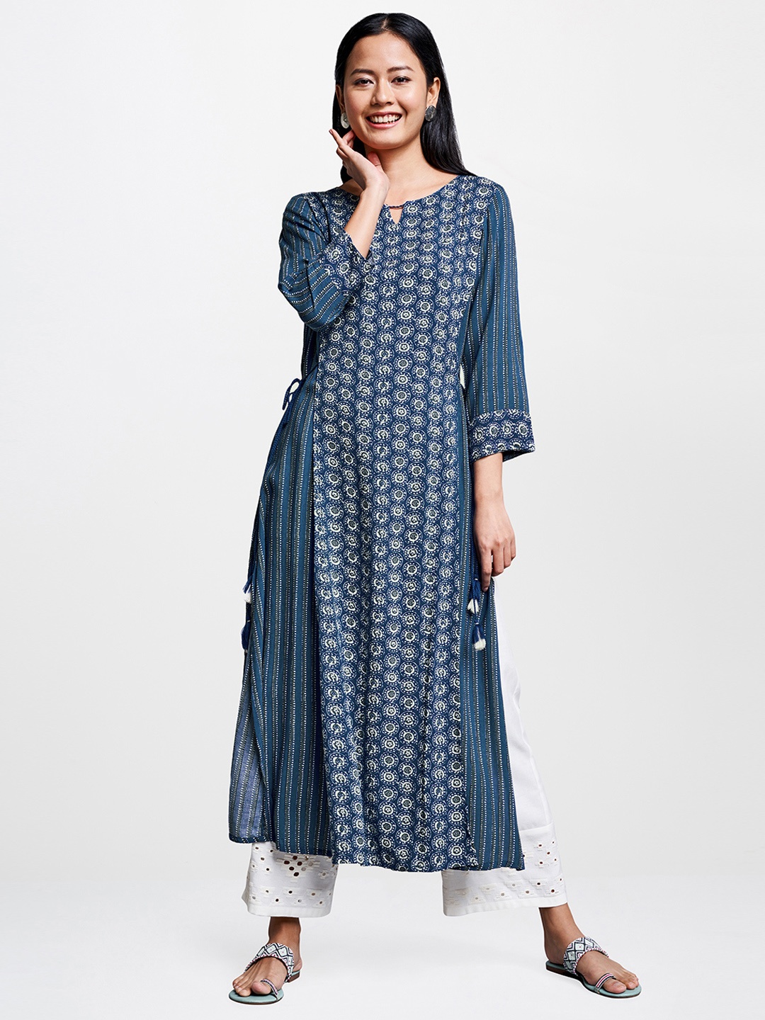 

Global Desi Women Blue & Beige Printed A-Line Kurta