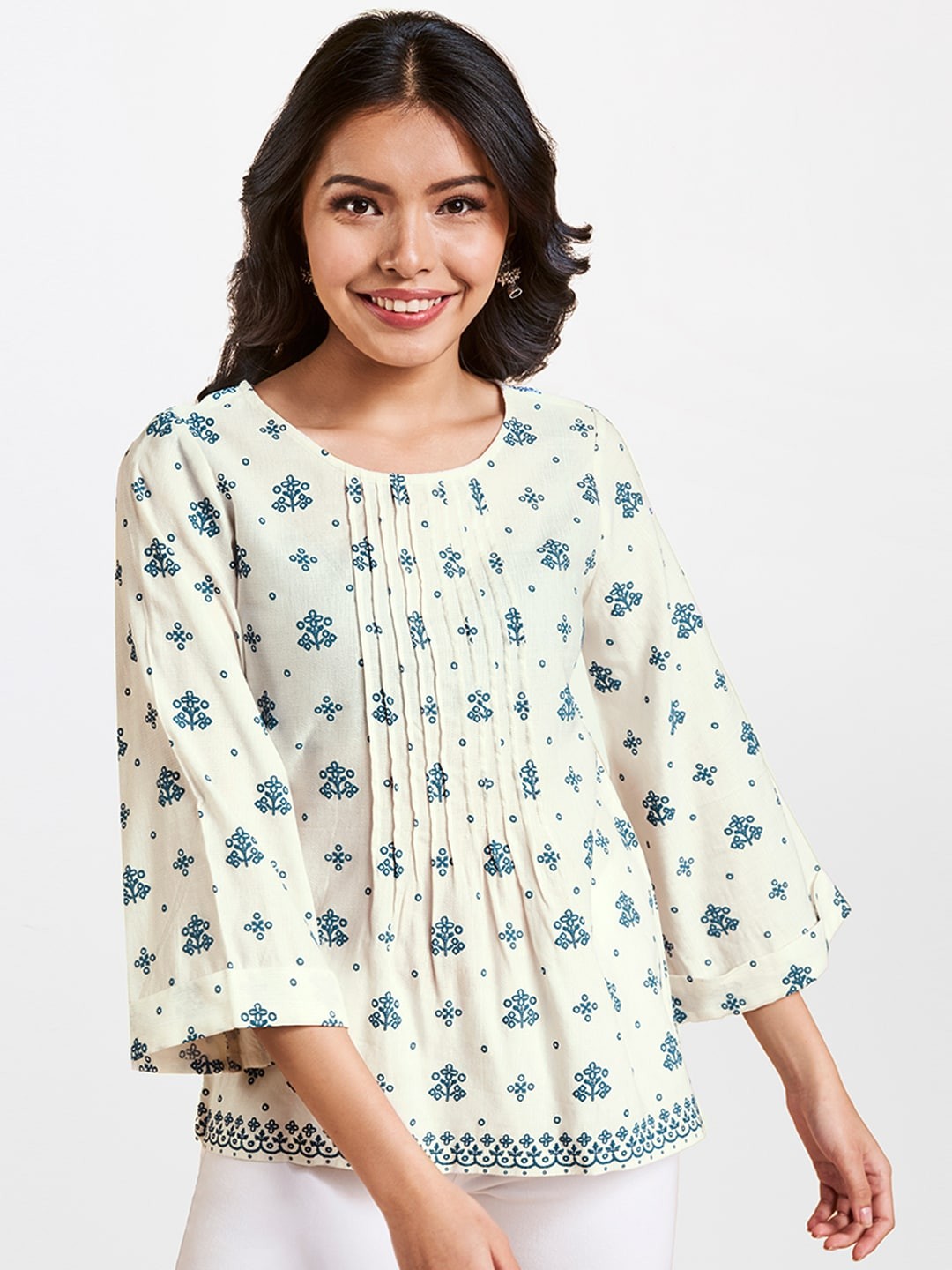 

Global Desi Women Off-White & Blue Printed Top with Pleated Details