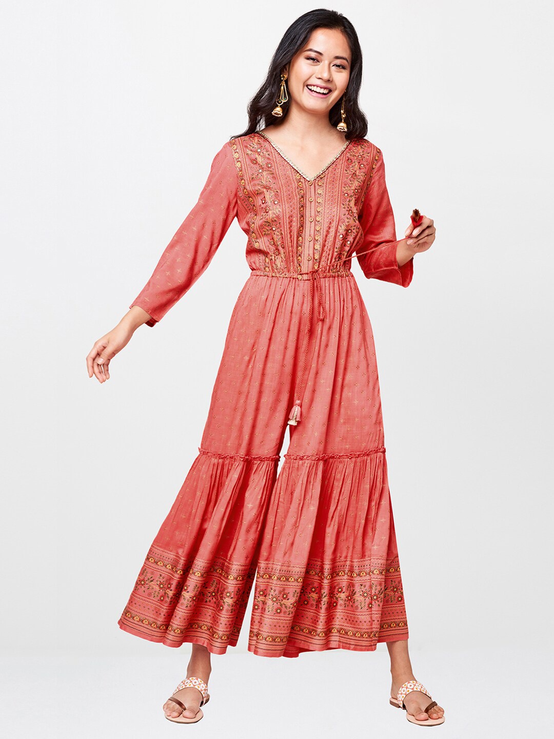 

Global Desi Women Coral Pink Printed Basic Jumpsuit with Tie-up