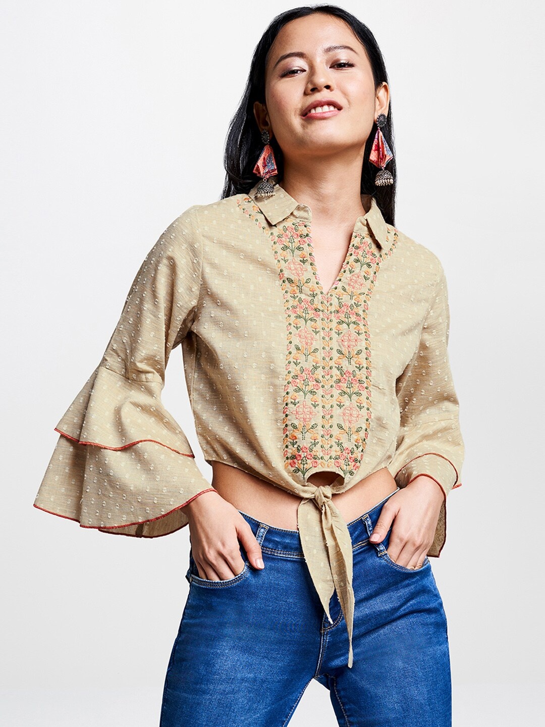 

Global Desi Women Beige Embroidered Crop Top with Tie-up Detail