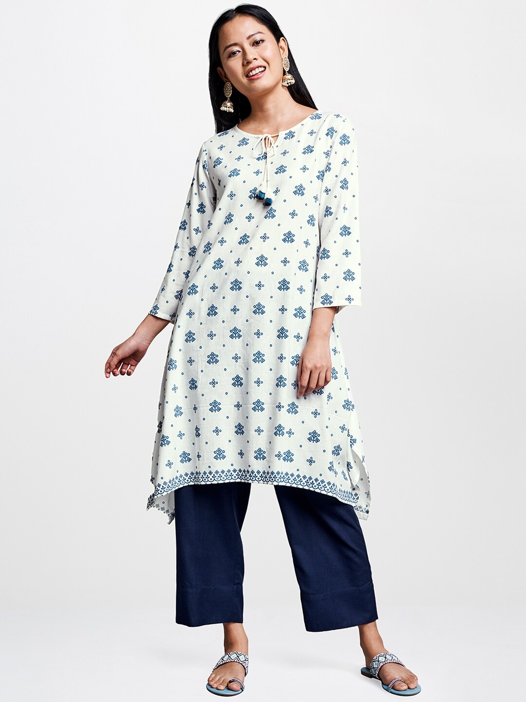 

Global Desi Women White & Blue Printed A-Line Kurta