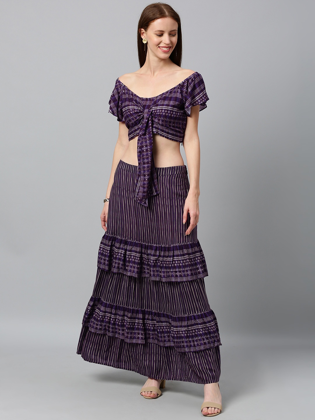 

Global Desi Women Purple & Black Striped Top with Tiered Skirt