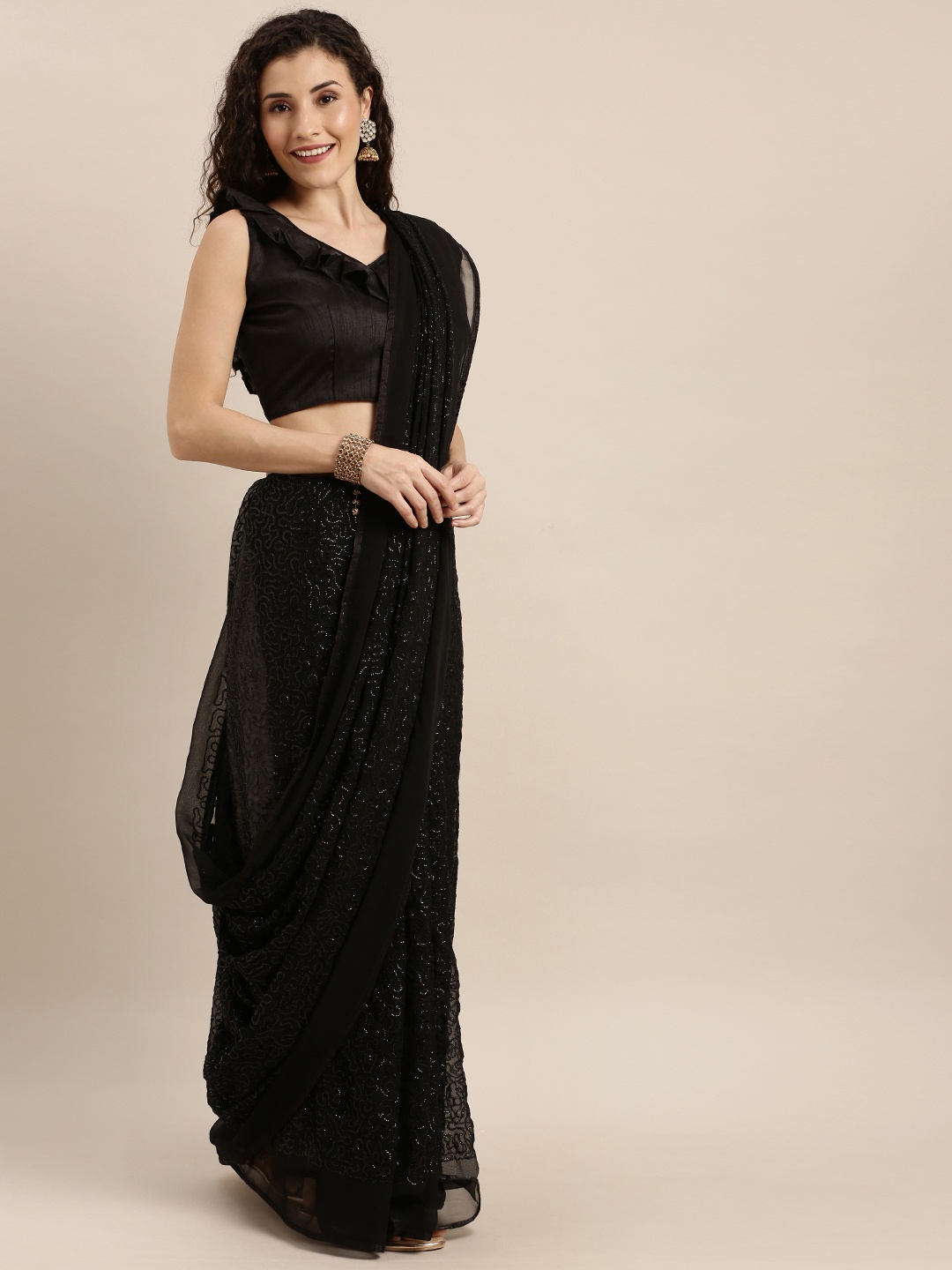 

SHAVYA Black Embellished Sequinned Pure Georgette Celebrity Saree