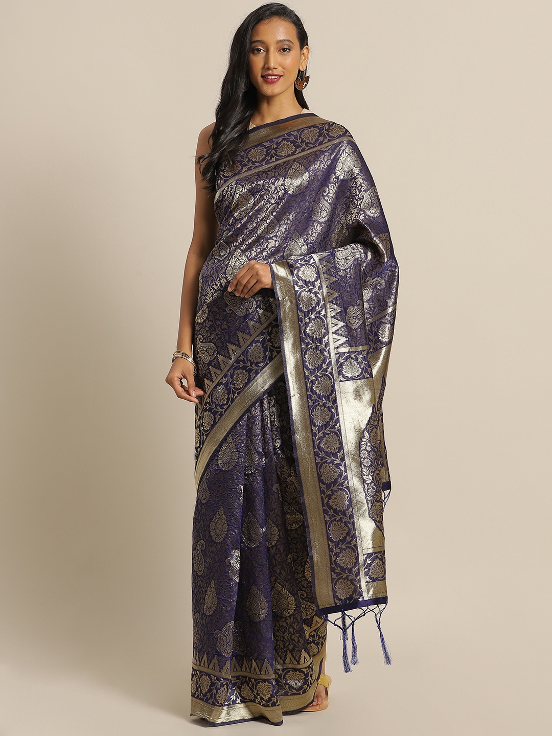 

Mitera Navy Blue & Gold-Toned Silk Blend Woven Design Banarasi Saree