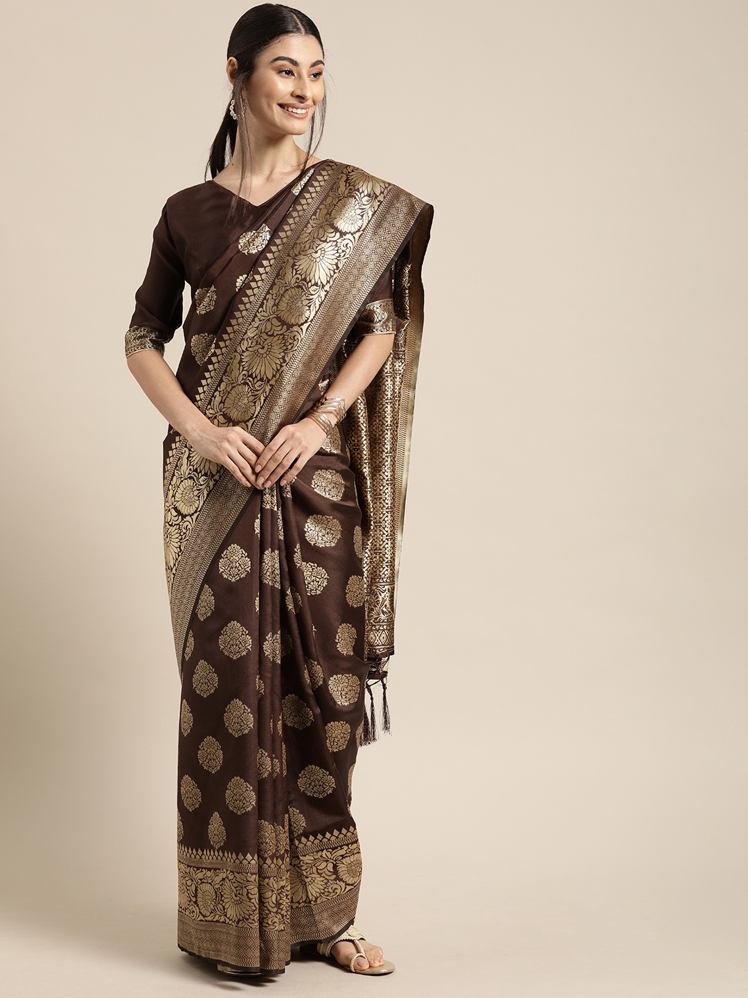 

Mitera Coffee Brown & Golden Woven Design Banarasi Saree