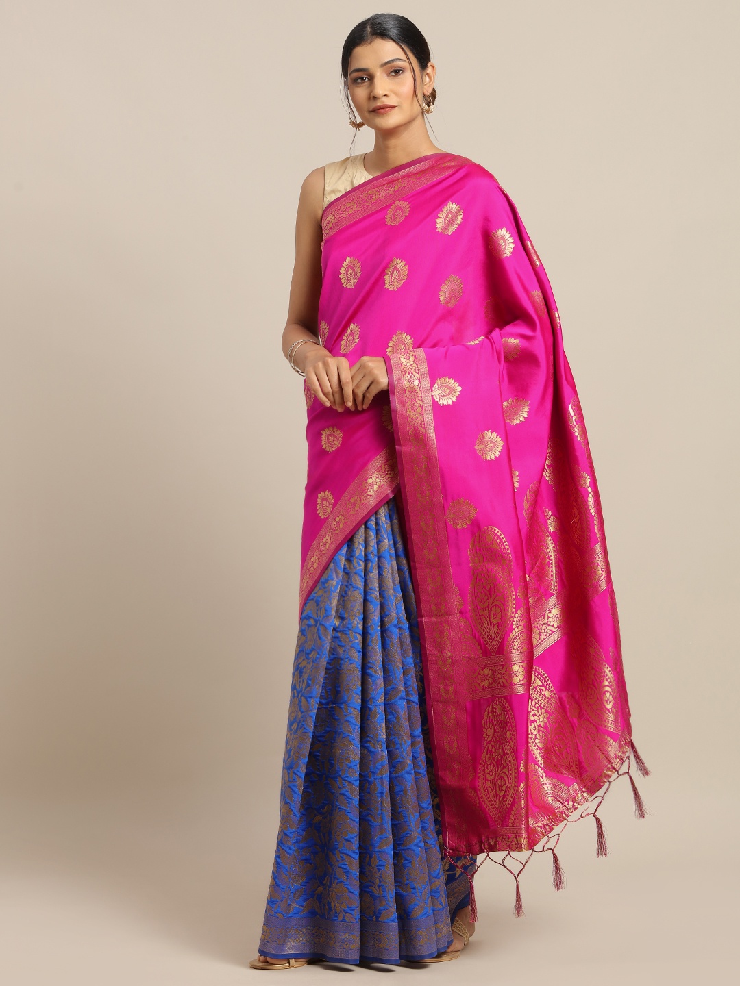 

Mitera Pink & Blue Silk Blend Woven Design Banarasi Half & Half Celebrity Saree
