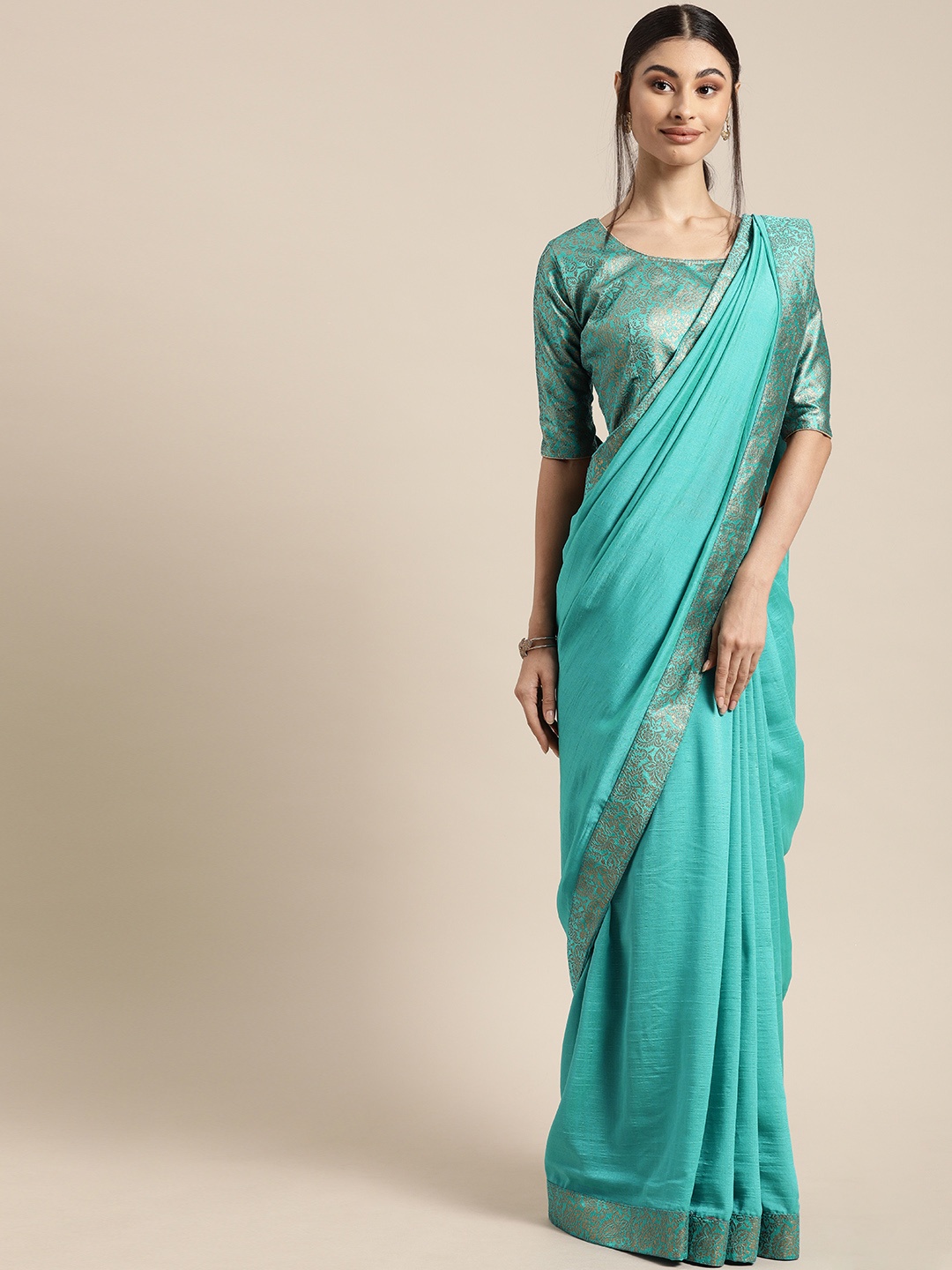 

KALINI Blue Poly Georgette Solid Banarasi Saree