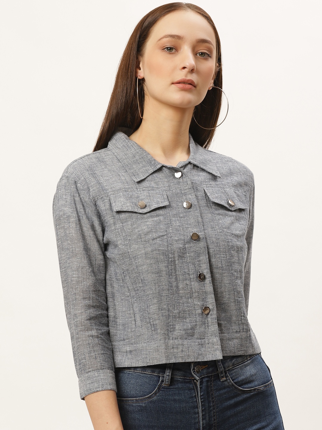 

Style Quotient Women Grey Regular Fit Solid Crop Shacket