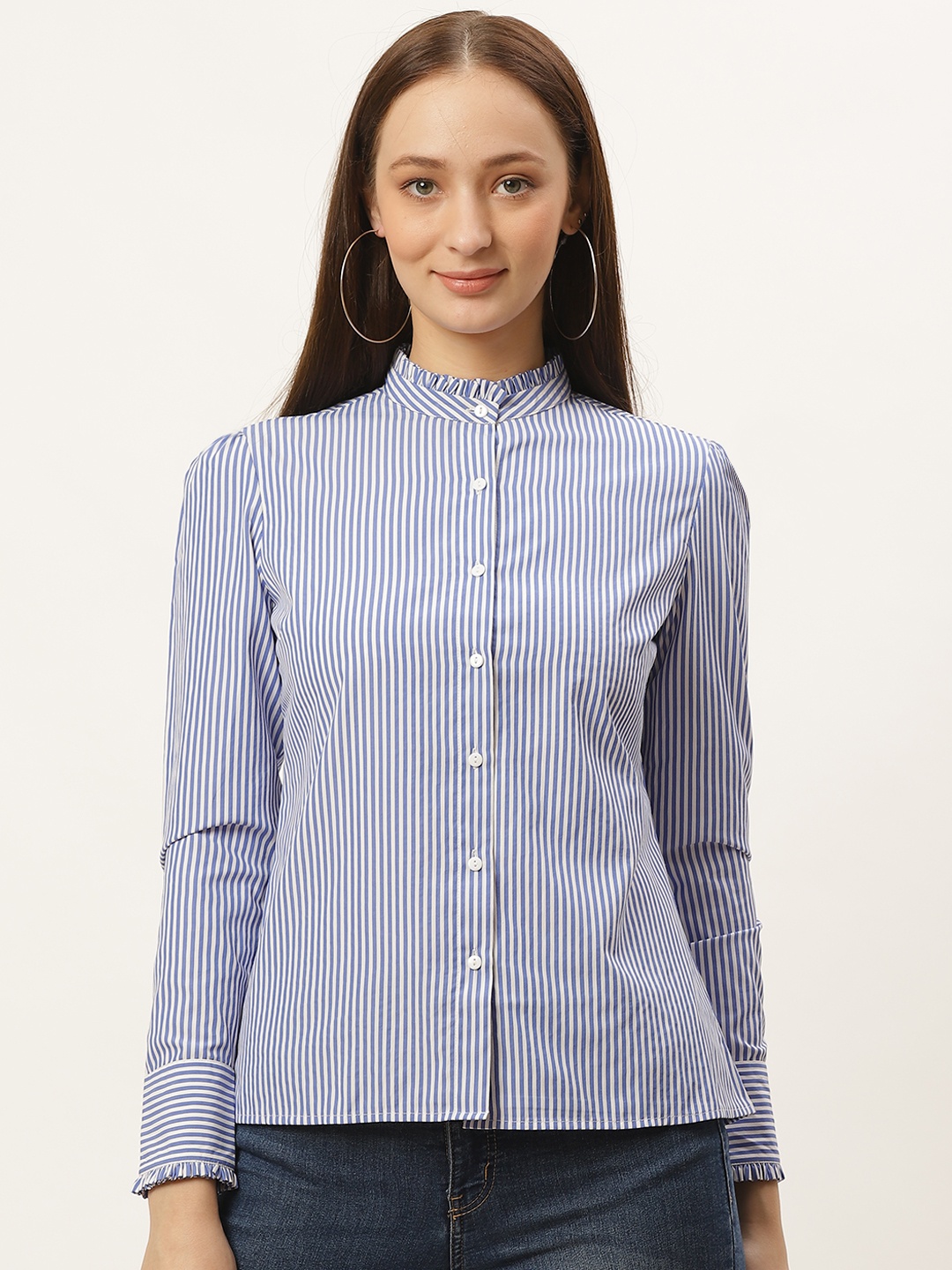 

Style Quotient Women Blue & White Standard Regular Fit Striped Smart Casual Shirt