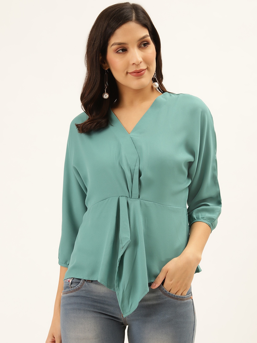 

Style Quotient Women Green Solid Wrap Top