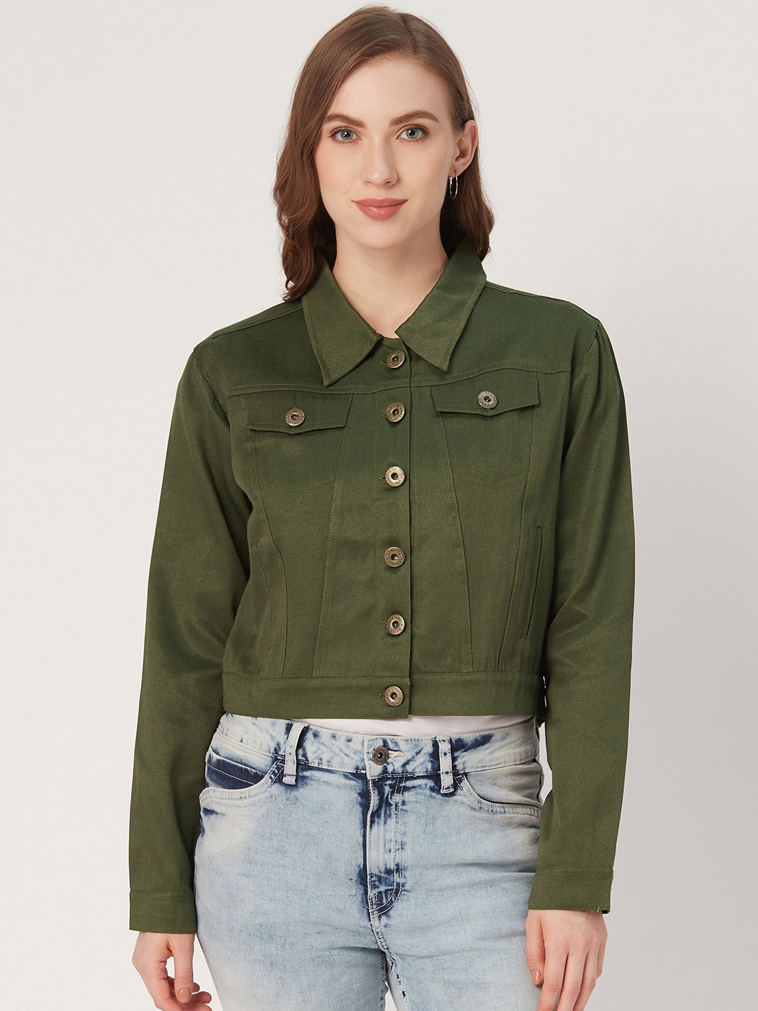 

Style Quotient Women Olive Green Solid Lightweight Crop Tailored Twill Weave Jacket