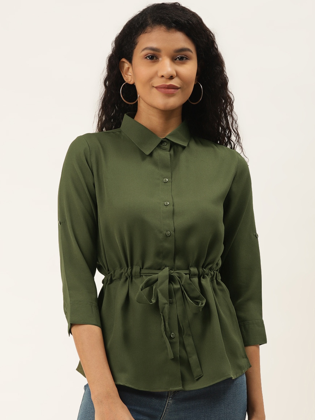 

Style Quotient Women Olive Green Solid Cinched Waist Top
