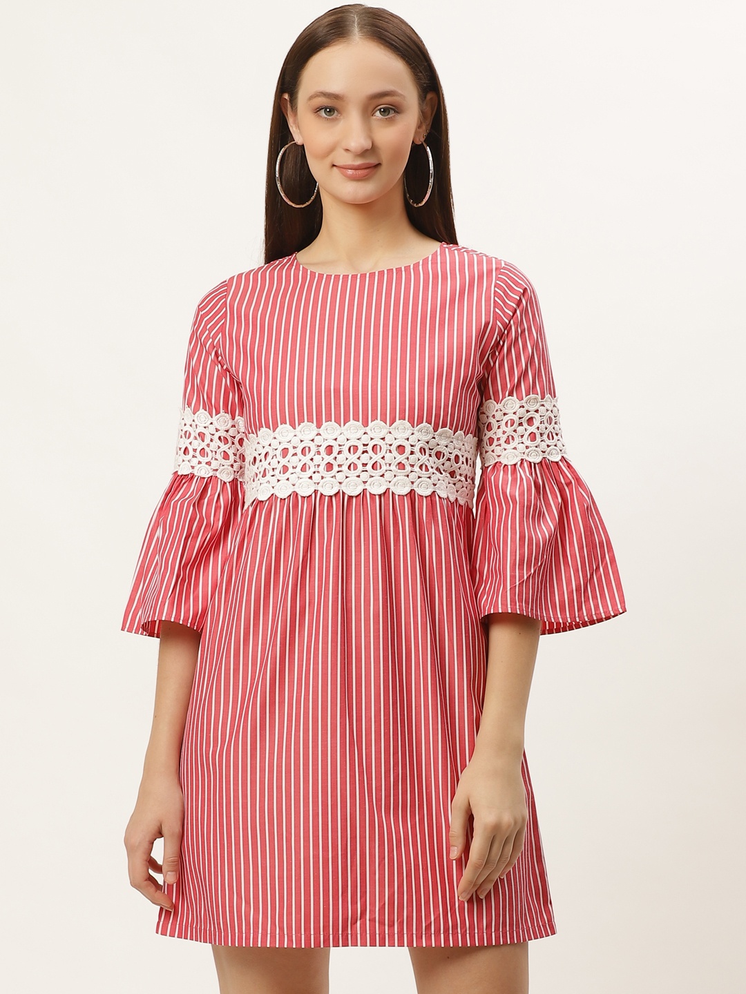 

Style Quotient Women Coral Red & White Striped Empire Dress