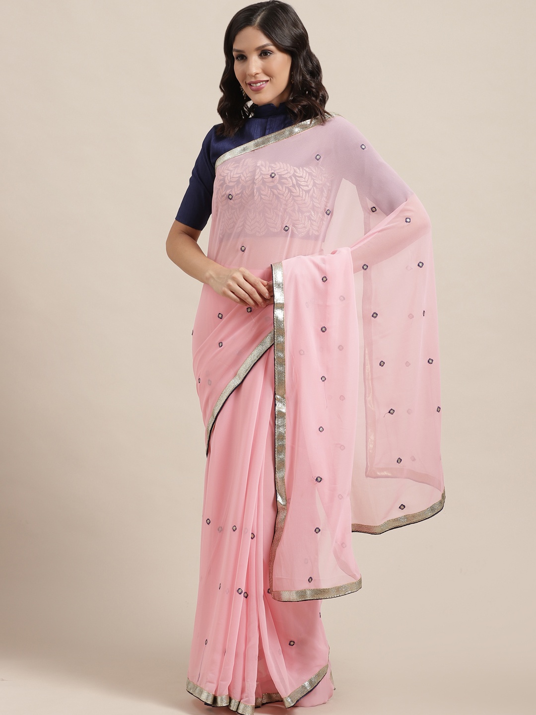 

Saree mall Pink & Navy Blue Sequinned Saree