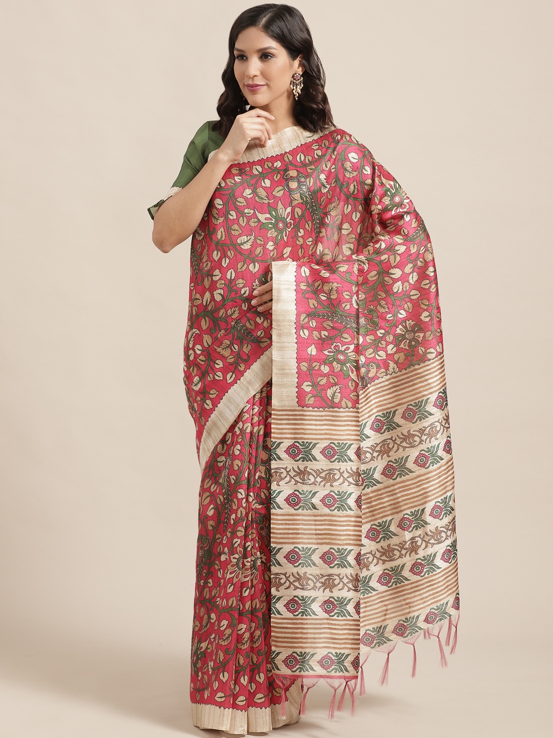 

Saree mall Pink & Green Printed Bhagalpuri Handloom Saree