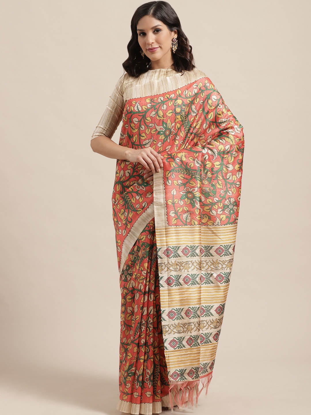 

Saree mall Orange & Green Printed Bhagalpuri Handloom Saree