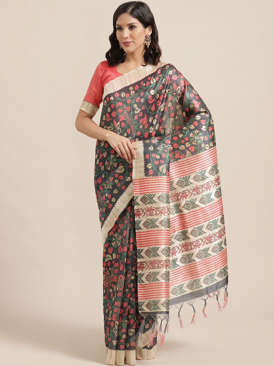 

Saree mall Charcoal Grey & Orange Printed Bhagalpuri Handloom Saree