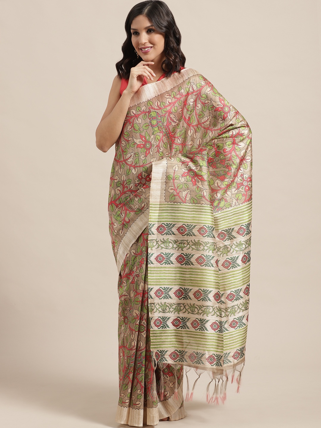 

Saree mall Taupe & Coral Orange Printed Bhagalpuri Handloom Saree