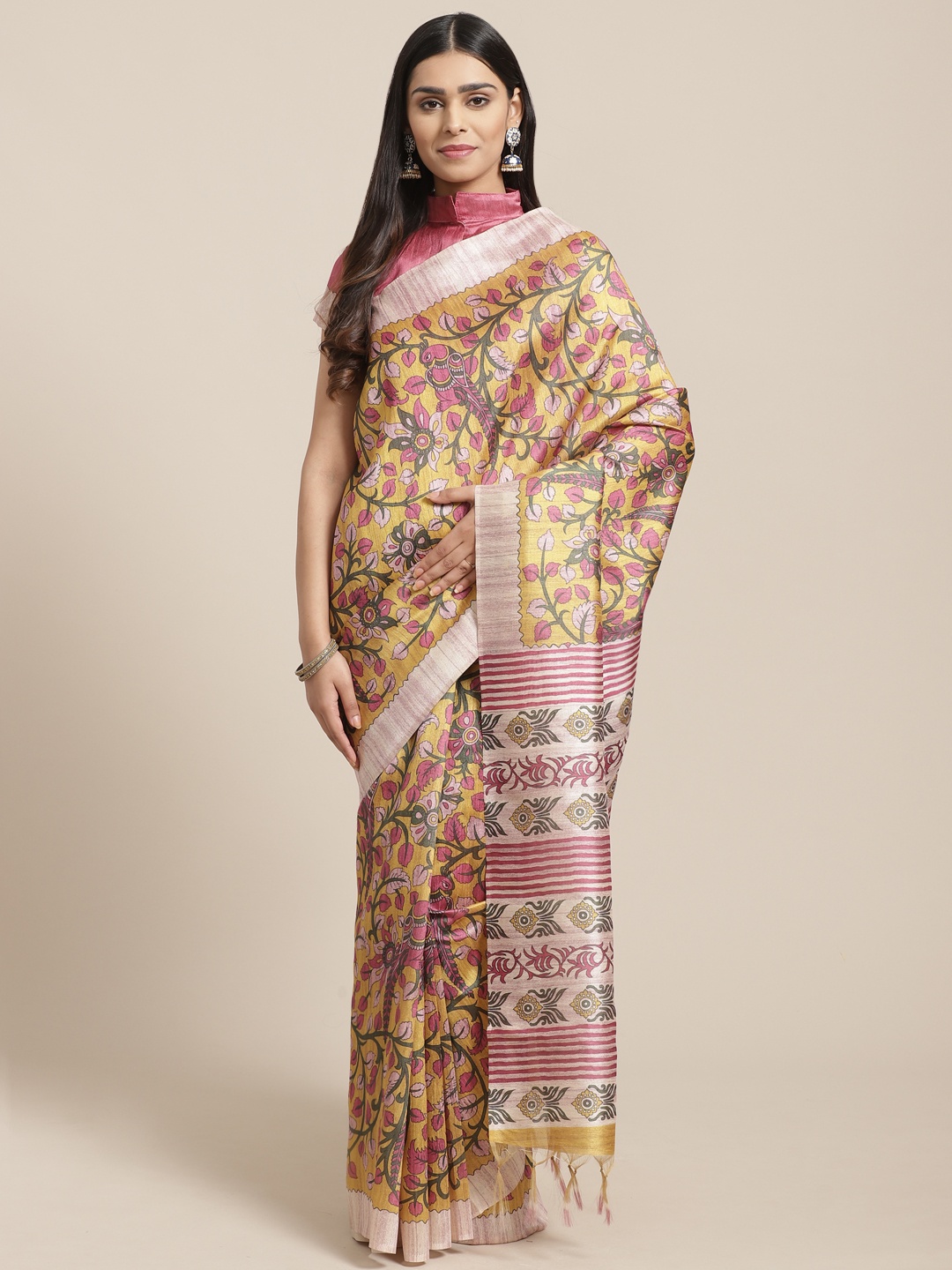 

Saree mall Mustard Yellow & Pink Printed Handloom Bhagalpuri Saree