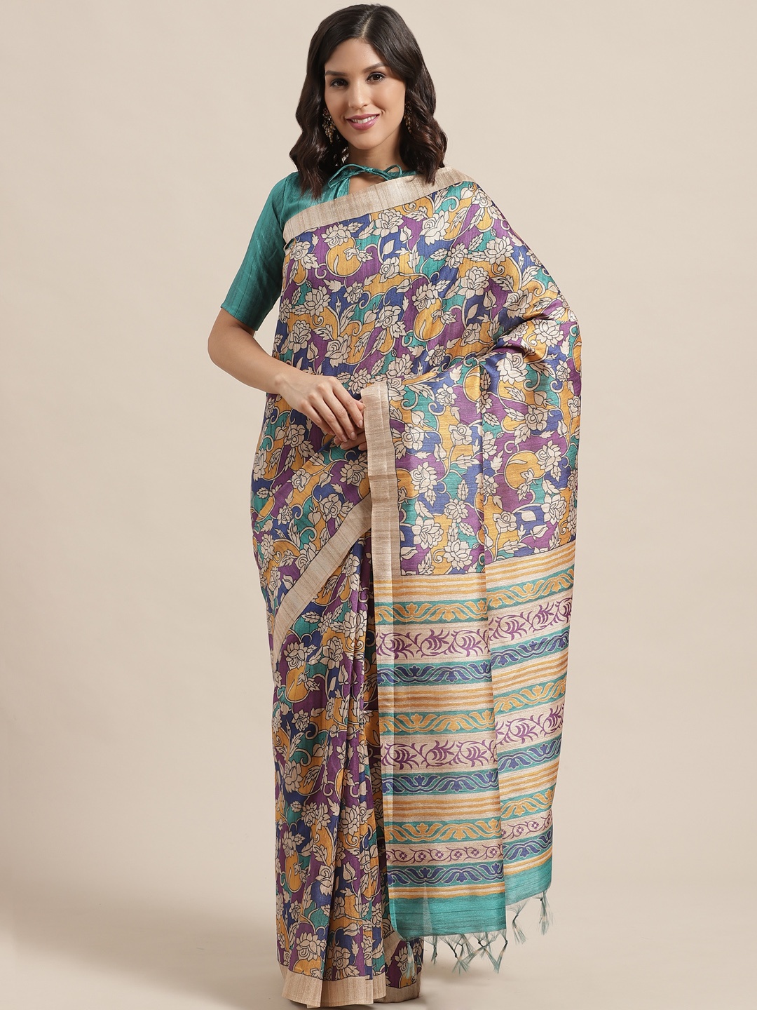 

Saree mall Blue & Mustard Yellow Printed Bhagalpuri Handloom Saree