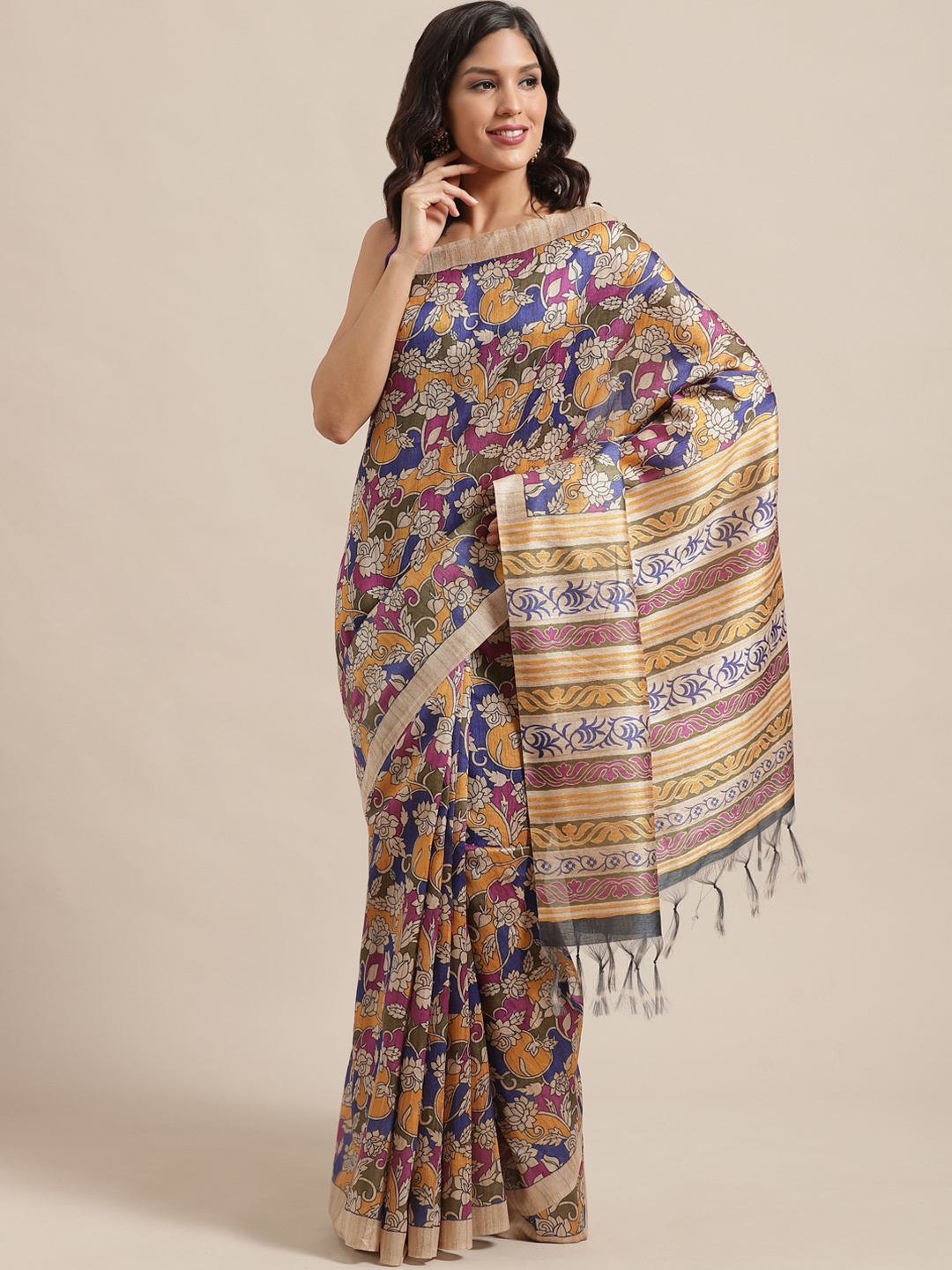 

Saree mall Yellow & Blue Printed Handloom Bhagalpuri Saree