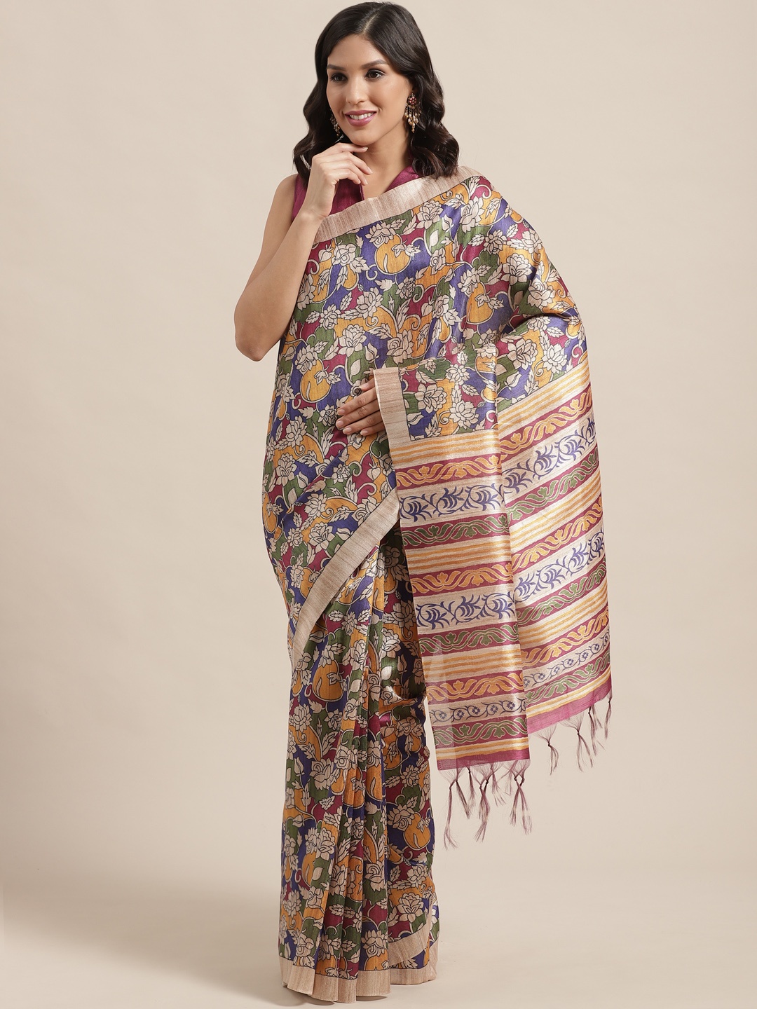 

Saree mall Beige & Blue Printed Handloom Bhagalpuri Saree