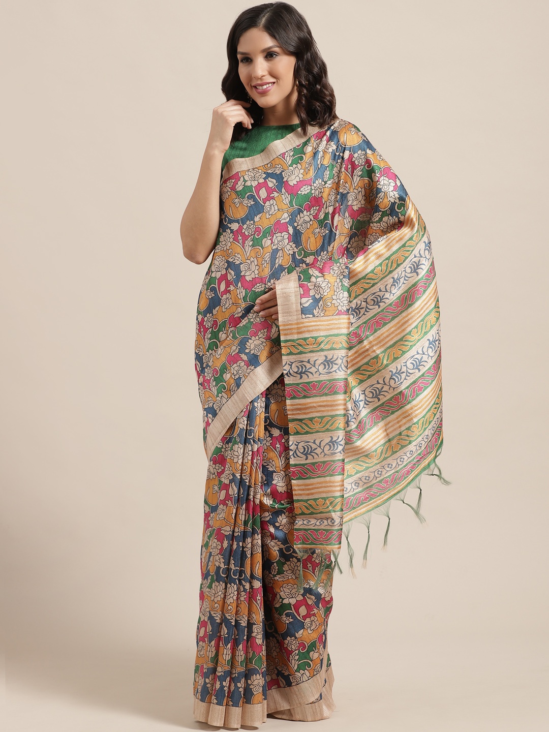 

Saree mall Blue & Off-White Printed Bhagalpuri Handloom Saree
