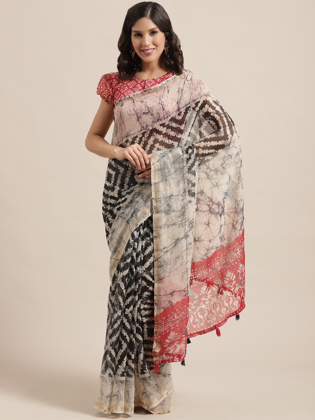 

Saree mall Black & Off-White Printed Saree