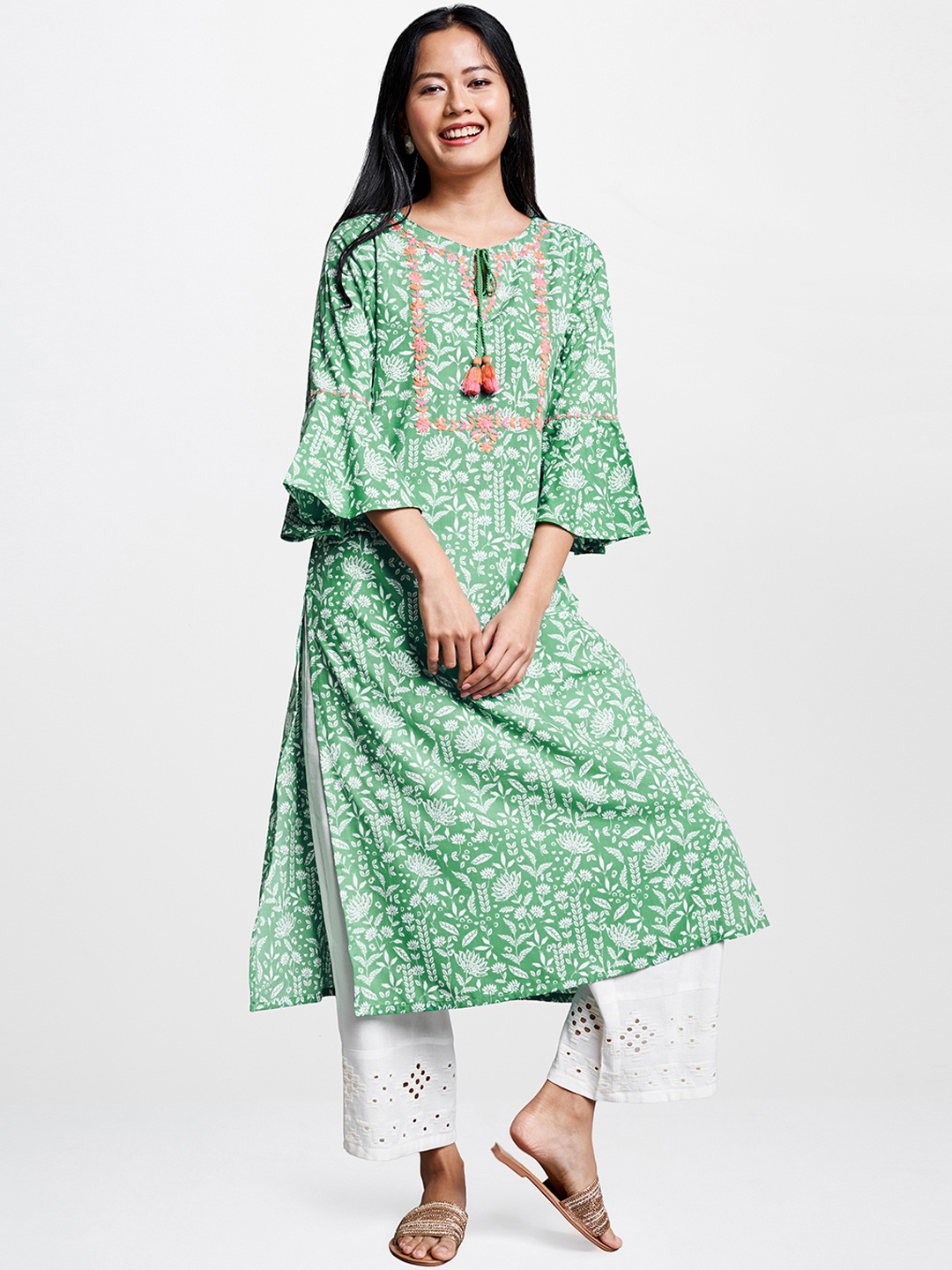 

Global Desi Women Mint Green & White Printed Straight Kurta