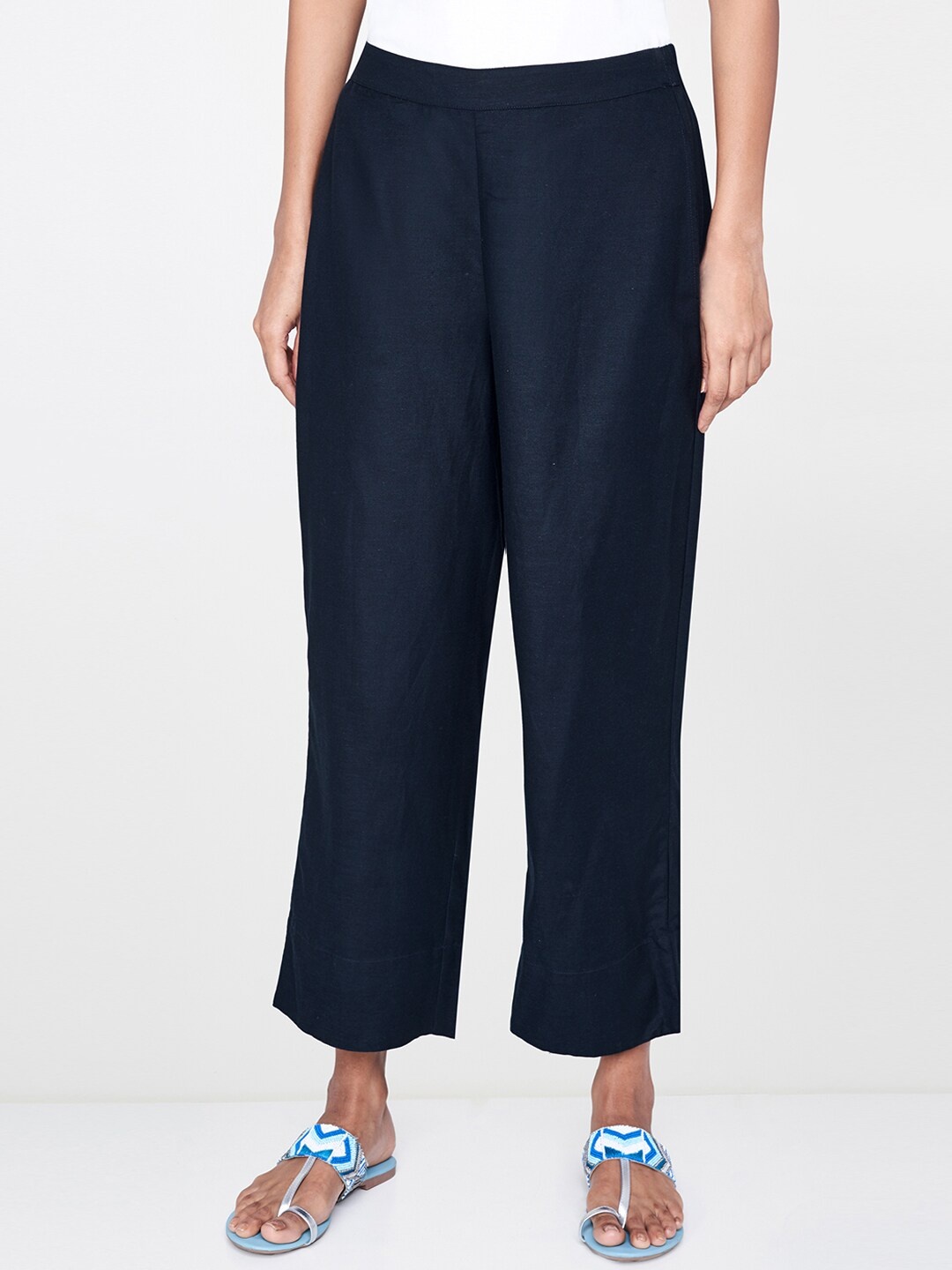 

Global Desi Women Navy Blue Solid EcoVero Regular Trousers