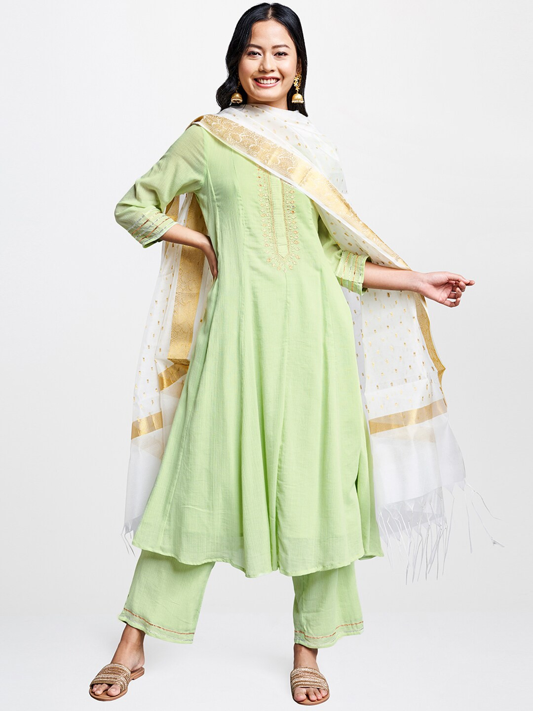 

Global Desi Women Lime Green Printed Kurta with Palazzos