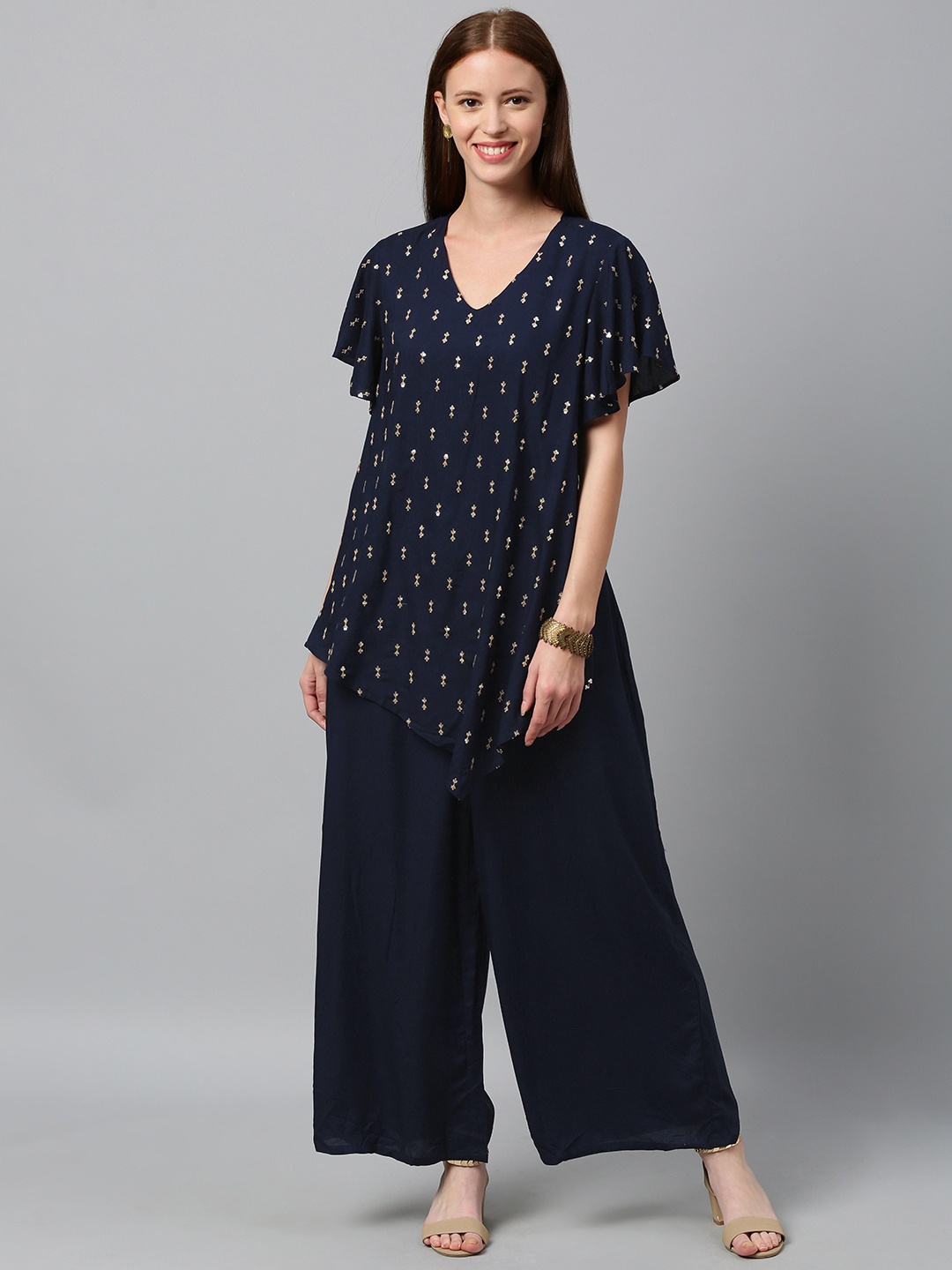 

Global Desi Women Navy Blue & Gold-Toned Embellished Basic Jumpsuit