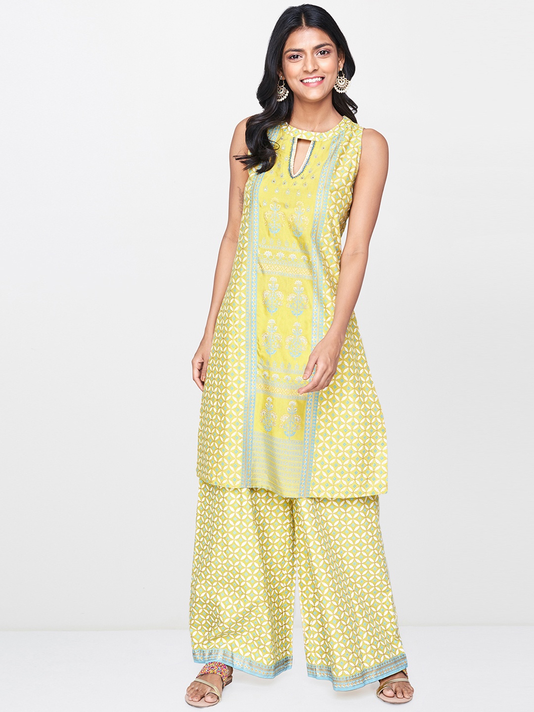 

Global Desi Women Yellow & Beige Printed Kurta with Palazzos