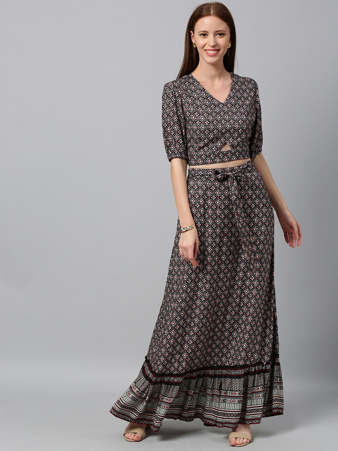 

Global Desi Women Black & Off-White Printed Top with Skirt