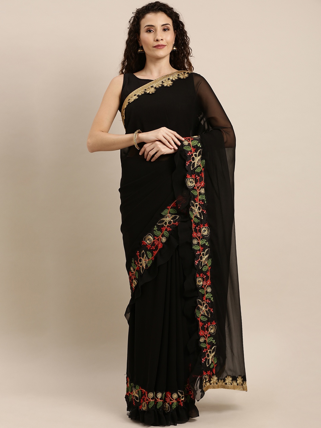 

SHAVYA Black Solid Silk Blend Ruffled Saree