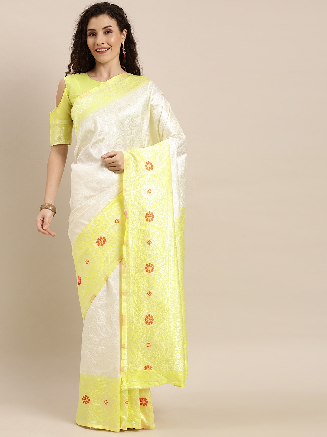 

SHAVYA Off-White & Yellow Pure Silk Woven Design Banarasi Saree